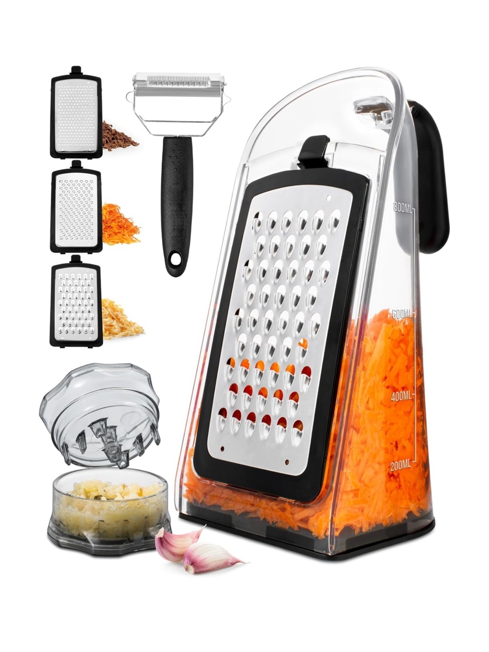Cheese Grater w/ Vegetable Peeler & Garlic Crusher 3 Stainless Steel Blades NEW